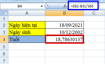 cách tính tuổi trong Excel