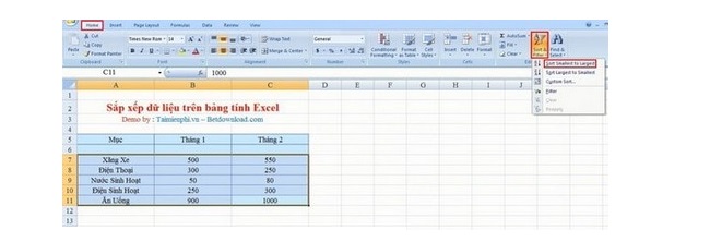 Cách Sort trong Excel 2007