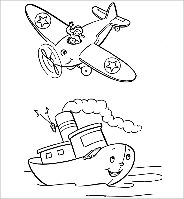 Tranh tô màu máy bay và tàu thủy